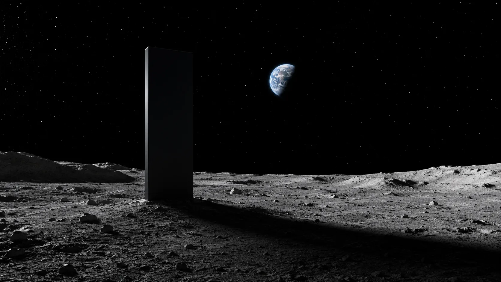 The black monolith standing on the lunar surface with Earth in the distance